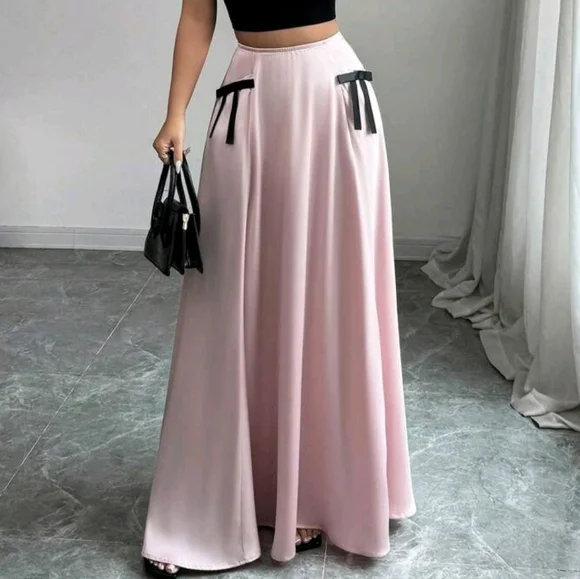 Elegant & Graceful Pink Satin Sheen A-Line Long Skirt With Black Bow Patchwork